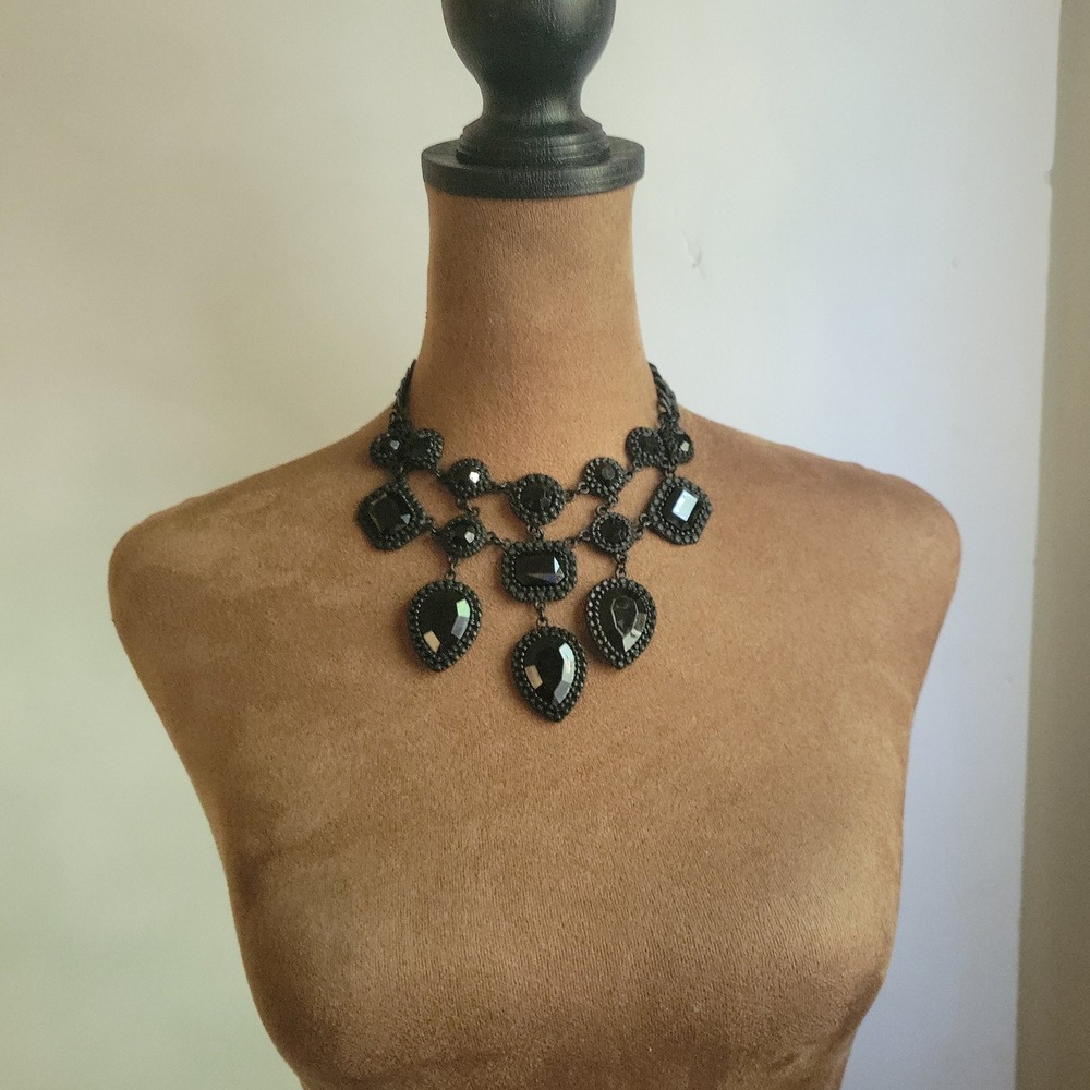 Black Rhinestone Statement Bib Necklace Adjustable 12-16 Inch Goth